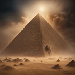 Hyper Realistic apocalyptic view of statue of Egyptian Pyramids with sandstorm at dark night