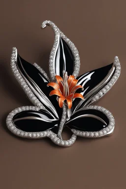 Black tie with silver brooch in the shape of an orange tiger lily flower