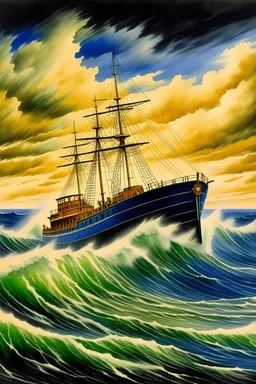 1925 big boat on the sea with medium waves colour