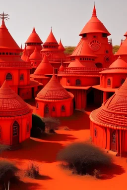 An orangish red vampire village designed in designed in African masks