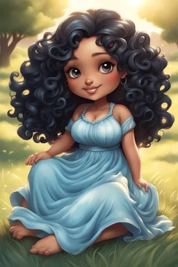 An airbrushed chibi black cartoon of a curvaceous woman with flowing of curly twisted of black hair that's highly detailed, wearing a light blue maxi dress. She sits relaxed on the grass facing the warm sunlight, which illuminates her face as she looks to the side with a small smile, accentuating her prominent makeup and brown eyes.