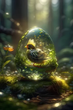 picture of a magical forest sparkling with light,cute chicken inside transparent egg,shot on Hasselblad h6d-400c, zeiss prime lens, bokeh like f/0.8, tilt-shift lens 8k, high detail, smooth render, down-light, unreal engine, prize winning