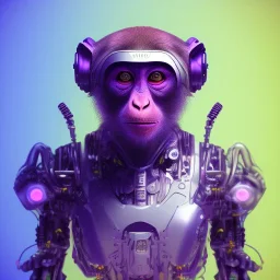 A beautiful portrait of a cyborg monkey purple neon color scheme, high key lighting, volumetric light high details psychedelic background