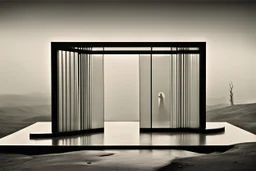 a surreal shimmering open glass gate in a glass wall with a view of a desolate landscape, fog, night, infrared filter, strong contrasts, by artist "Leonora Carrington",by artist "Zaha Hadid""