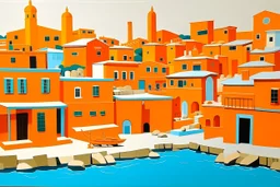 An orange colored Greek coastal town designed in Ica stones painted by Stuart Davis
