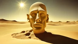 A surrealistic double exposure of a stone head in a desert with the real sun peeling face of a man superimposed on it gaping holes that reveal a different environment on the other side. Other artifacts are in the vicinity. Surrealism by Salvador Dali Yves Tanguy