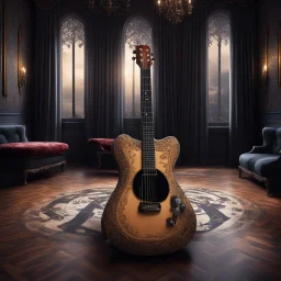 Hyper Realistic extremely-fancy-guitar standing on a floor of a fancy castle lounge with beautiful windows & velvet-curtains-with-musical-notes-printed-on-curtain at dark night with dramatic-&-cinematic-ambiance