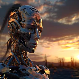 discarded lifeless robotic woman, georgeous, beautiful, complex, detailed, ,sunset, high resolution, photorealistic, sharp focus, 8K, atmospheric, epic composition, dystopian, cybernetic, futuristic, etheral, hyperdetailed, highly detailed, polished, meticulous, biopunk, horror, eerie, accurate lighting, portrait