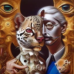 Salvador Dali with his pet ocelot Babou , hypperealism , surrealism , outlandish painting , extreme painting , high definition , high detailed, vivid deep colours, complex ,oil on canvas , a masterpiece by Salvador Dali himself