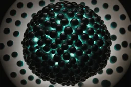 beautiful composition, black spheres with holes, woven of thin black wire, the entire surface of the sphere is filled with symmetrically arranged round holes, from the inside of the sphere a bioluminescent blue-green (sometimes blue, sometimes green) light is emitted, projecting coloured round spots onto the whole background and the whole horizontal base where the sphere is placed. S<AI