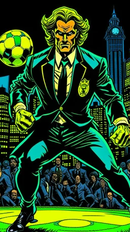 Diego Forlan Football soccer player fighting black suite. Dark detective comic. comicBook cover batman style detective mistery 1990.