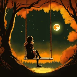 girl sitting in a swing in the woods watching the moon, in the style of anime art, dark gold and orange, 32k uhd, romantic riverscapes, transcendental art, dark reflections, luminous