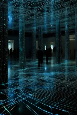 A bluish black realm with lasers painted by Georges Seurat