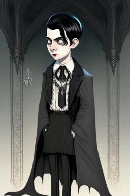 black haired young man wizard with gothic jewelry in the style of charles addams