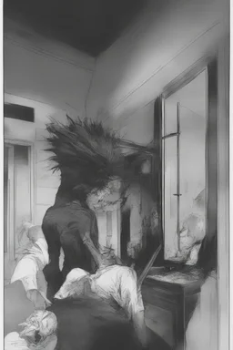 a man looking into a shattered mirror and seeing a horrifyingly smeared and deranged monster in his reflection