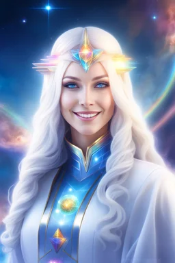 cosmic woman smile,galactic fédération, admiral from the future, one fine whole face, crystalline skin, expressive blue eyes,rainbow, smiling lips, very nice smile, costume pleiadian, Beautiful tall woman pleiadian Galactic commander, ship, perfect datailed golden galactic suit, high rank,rainbow hair, hand whit five perfect detailed finger, amazing big blue eyes, smilling mouth, high drfinition lips, cosmic happiness, bright colors, blue, pink, gold, jewels, realist, high,ufo,butterfly rainbow,