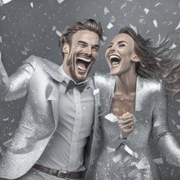 photograph of A happy man and woman with silver confetti and silver outfit