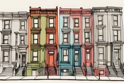 beautiful pen and ink illustration of a cute brooklyn neighborhood, minimalist, colored
