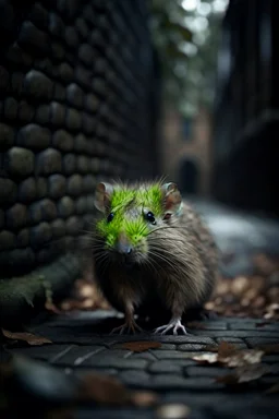 underground grove, with bricks and stones, portrait of a ghost rat with pale, ethereal features with long hair that seems to shimmer. She dresses in flowing, dark-colored clothing that accentuates her mysterious aura. photo-realistic, shot on Hasselblad h6d-400c, zeiss prime lens, bokeh like f/0.8, tilt-shift lens 8k, high detail, smooth render, down-light, unreal engine 5, cinema 4d, HDR, dust effect, vivid colors, smoke