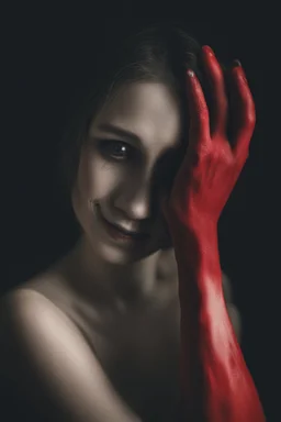 A photograph of a red hand with black eyes, covering part or all of her face and body while she smiles in an eerie way. The background is dark and the woman's expression adds to its mysterious allure. Her presence creates an atmosphere filled with unease and curiosity. --ar 29:44 --v 6. 0