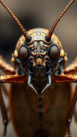 Cockroach front view with human look face looks like an ancient Sumerian gods