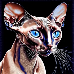 beautiful blue eyed, tall ,long legged, slender, elegant, sophisticated, sphynx-like chocolate point siamese cat expressionism pointillism style