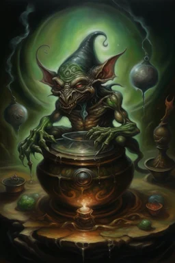 alchemists nightmare, Living cauldron with shining sigil, slightly demonic alien imp gargoyle gremlin rat in it, prize winning oil painting