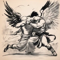 [traditional Chinese brush, expressive line, ink washes] Jacob wrestling with angel