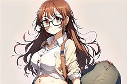 full body of a brown haired anime manga pregnant girl with eyeglasses