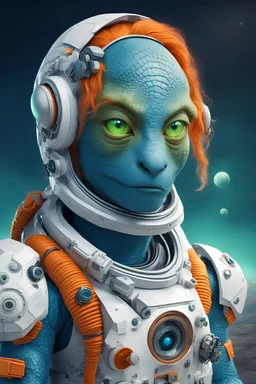 Astronauta reptil color azul, de ojos verdes, cabello anaranjado y con accesorios tecnológicos. Plano cuerpo entero. Planeta Tierra de fondo