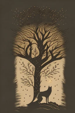 in a cosy vintage style, a wolf howls at a black tree