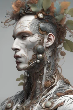 Complex 3d render ultra detailed of a handsome male porcelain profile face, biomechanical cyborg, analog, 150 mm lens, beautiful natural soft rim light, big leaves and stems, roots, fine foliage lace, colorful details, massai warrior, alexander mcqueen high fashion haute couture, pearl earring, art nouveau fashion embroidered, steampunk, intricate details, mesh wire, mandelbrot fractal, anatomical, facial muscles, cable wires, elegant, hyper realistic, ultra detailed, octane render