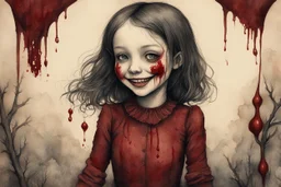 body anormal, smile blood, girl cute, watercolor illustration by <John Kenn Mortensen>, darkred tones,