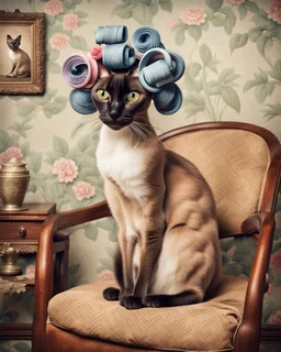 Create an old hyper realistic photo of an Oriental shorthair Siamese cat sitting in a chair with curlers on her head. In an old fashioned background with a nice botanical wallpaper, an old painting in the background. A vintage look, soft colors, a grunge filter.