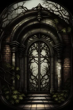 magic building, round windows, door, brickwork, ornament of branches and leaves, mysticism, fantasy, Gothic detailing, grunge canvas, oil, magic, fantasy, soft illumination, haze, ink, fine drawing, megadetalization, megarealism, drawing in colored ink, dark tones