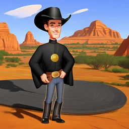 Caricatura de un hombre con sombrero vaquero de aleron grande negro cara levantada cuerpo completo