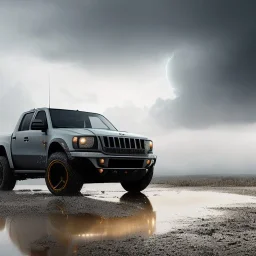 hyperrealistic shot, fast moving 4x4 blie truck, monotone color palette, sharp focus, puddle reflec1tion, tire mud splashes, refraction, mist on the horizon, thunder and lightning, overcast shadow, detailed and intricate, cinematic composition, 8k, micro, tilt shift photography, bokeh