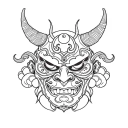 White, minimalis line art , oni mask japanes scarry, vector, white background, outline, with images neatly contained within the background, just black and white color,