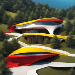 Aerial view Zaha Hadid style hill hut, trees, digital art, hyper-detailed, red and yellow colors, 8k oil painting