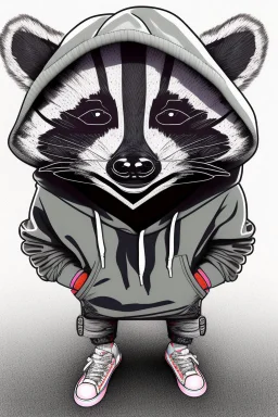 A cheeky raccoon, trendy streetwear, hoody, sneakers,attitude,white background, 2d flat hand Drawing,epic