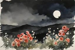 Night, flowers, spring, gothic horror influence, mountains, winslow homer watercolor paintings