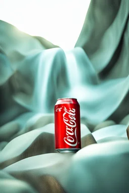 a big red coca-cola can sitting on a rock