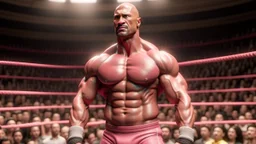 Highly detailed wide shot of Dwayne Johnson posing in a boxing ring, realistic, muscles, buff, flexing, pink dress, eyebrows, large crowd