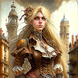 In the style of Jean-Baptiste Monge, a blonde woman with big brown eyes, in steampunk style . long hair. Charming view. Short top, around the Gothic buildings. Detailed clothing. Detailed view. soft colors