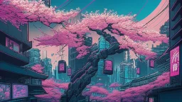 Japanese cherry blossom, in cyberpunk city, comic style,