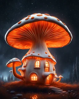 An illogically floating mushroom house on a clear night. white and white and orange, Stars Dark cosmic interstellar. Detailed Matte Painting, deep color, fantastical, intricate detail, splash screen, hyperdetailed, insane depth, concept art, 8k resolution, trending on Artstation, Unreal Engine 5, color depth, backlit, splash art, dramatic, High Quality Whimsical Fun Imaginative Bubbly, perfect composition