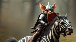 Close up on mouse. Horse jumping over a mote. Background blur. Fast Chase. The Large Gremlin with knights metal full armor, chest plate, leather in the back, helmet, and small sword and a red shield, smiling wide with white teeth, and sitting atop a weird striped horse, in the Style of Rembrandt and Fallout 4(Fantastical Mouse/Rat Gremlin Count) This creature blends realism with fantasy, appearing as a mythical forest dweller