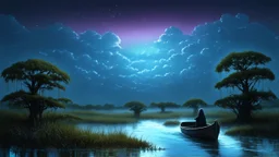 A surreal landscape where the swamp meets the sky. The horizon is blurred, with clouds that look like floating islands of moss and trees that seem to grow upside down. The sky is a gradient of blues and purples, with stars that twinkle like fireflies. In the foreground, a small boat drifts through a river of liquid silver, its occupant a faceless figure draped in a cloak of feathers. The mood is one of quiet contemplation, with a hint of otherworldly mystery.