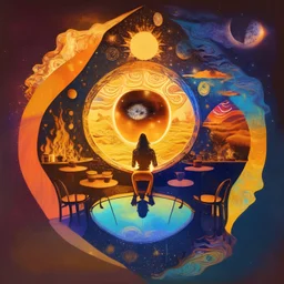 Psychedelic cafe design, mirror space with human man face , sun, moon, stars, galaxy, love, water, fire, soil and wind