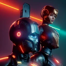 Us cyber woman, sci-fi, rounded face, black, gold, brown, samurai helmet, retro, simetric, circuits, neon style, a lot of led lights, fog, rain, leather, vibrant color, highly detailed, art stations, concept art, smooth, unreal engine 5, god rays, ray tracing, RTX, lumen lighting, ultra detail, volumetric lighting, 3d, finely drawn, high definition, high resolution.